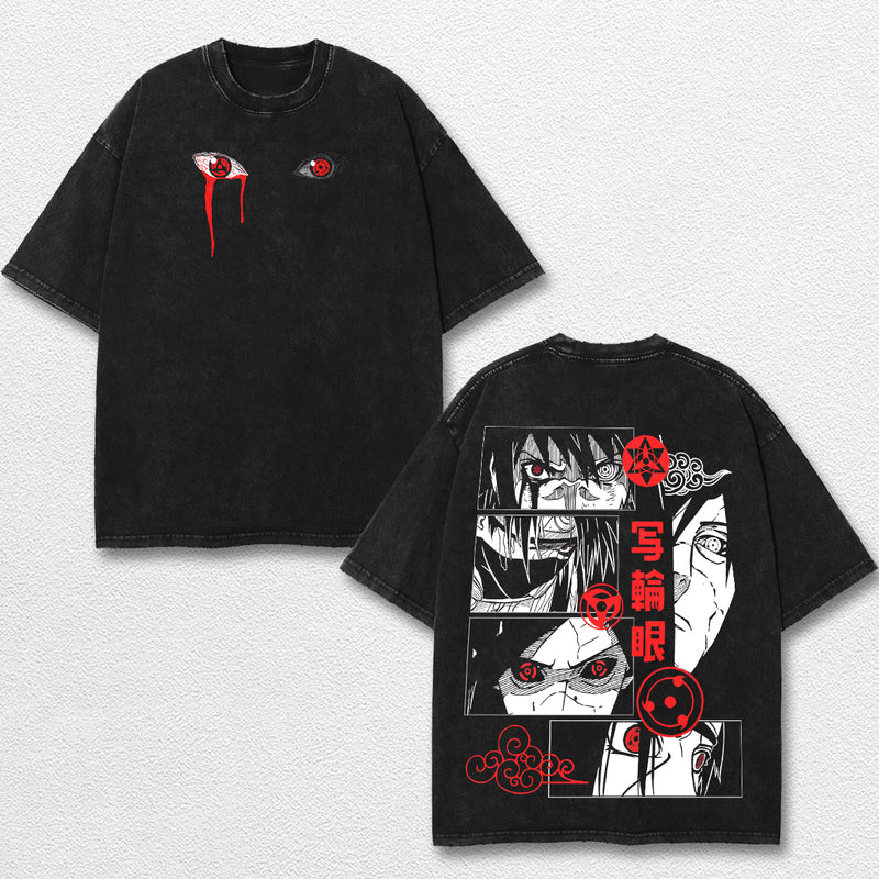 Retro Uchiha Clan x Sharingan - Naruto Oversize Lightweight Acid Washed Hoodie Sweatshirt Tee, Anime Graphic Design Unisex Top Cotton Streetwear Shirt Clothes
