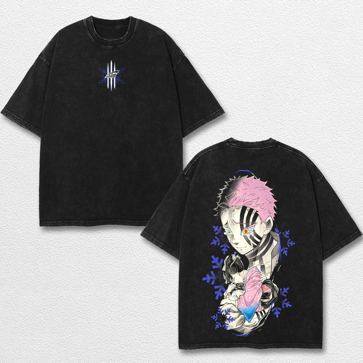 Retro Akaza and Koyuki - Demon Slayer Oversize Lightweight Acid Washed Hoodie Sweatshirt Tee, Anime Graphic Design Unisex Top Cotton Streetwear Shirt Clothes