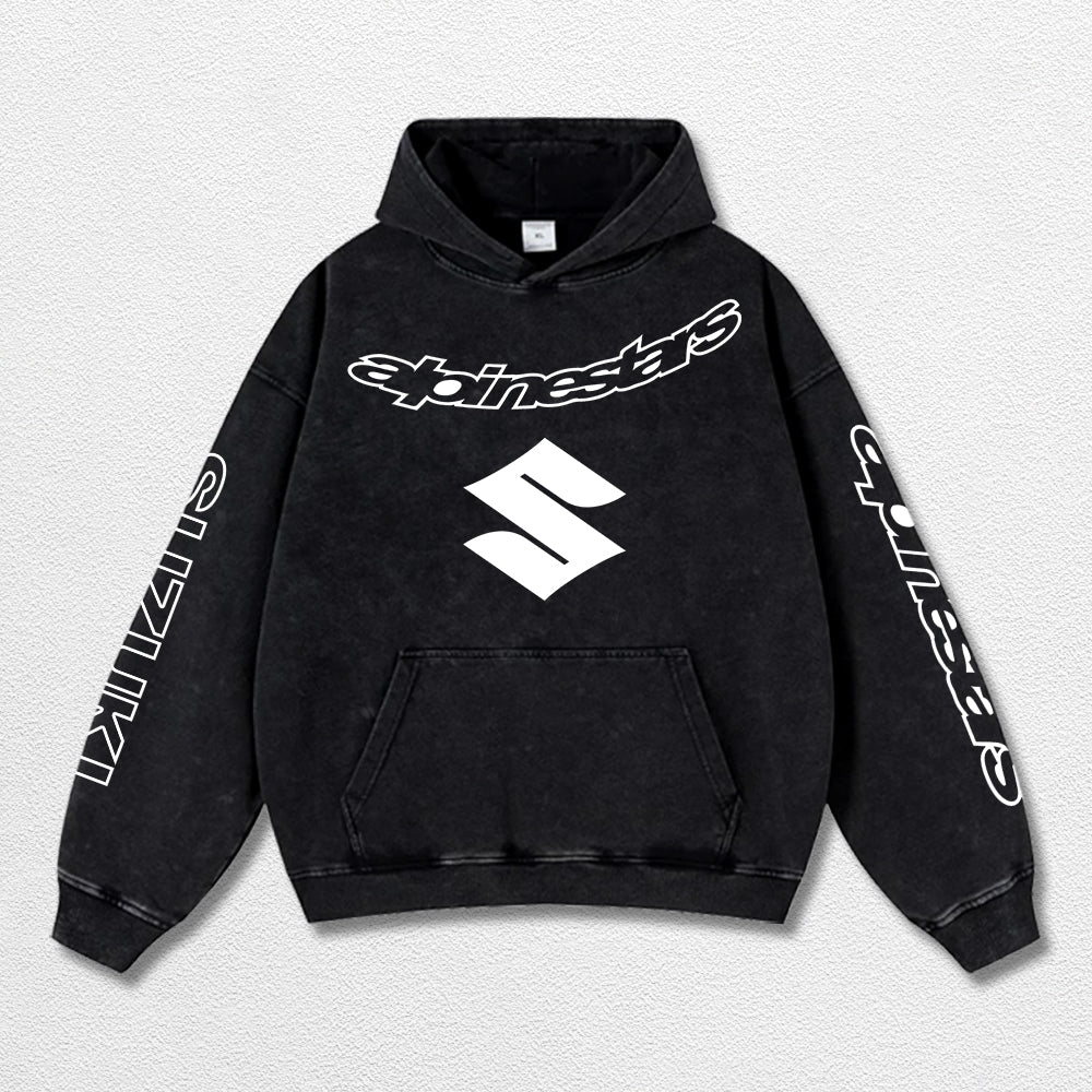 Retro Alpinestars Suzuki Racing Washed Hoodie MotoGP World Champion Enthusiast Apparel Streetwear Racing Team Super Motorsports Clothing Riders Motocross Off-Road Dirt Bike Fan Gear Cotton For Moto Fan