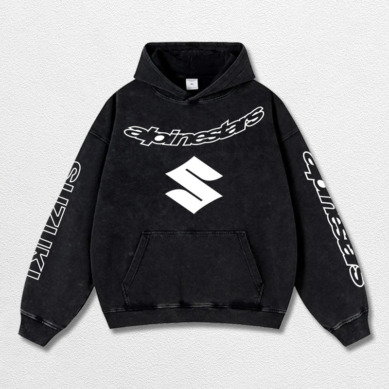 Retro Alpinestars Suzuki Racing Washed Hoodie MotoGP World Champion Enthusiast Apparel Streetwear Racing Team Super Motorsports Clothing Riders Motocross Off-Road Dirt Bike Fan Gear Cotton For Moto Fan