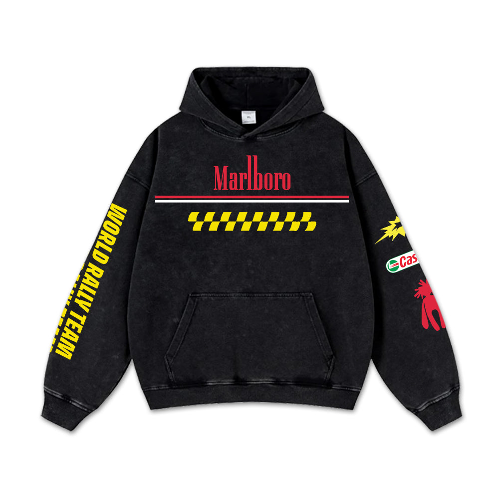 Retro Marlboro World Rally Team Racing Washed Hoodie F1 World Champion Enthusiast Apparel Streetwear Racing Team Super Motorsports Clothing Riders Car Racing Off-Road Dirt Bike Fan Gear Cotton For Moto Fan