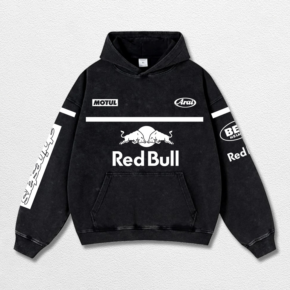 Retro Alpinestars Red Bull White Racing Washed Hoodie MotoGP World Champion Enthusiast Apparel Streetwear Racing Team Super Motorsports Clothing Riders Motocross Off-Road Dirt Bike Fan Gear Cotton For Moto Fan