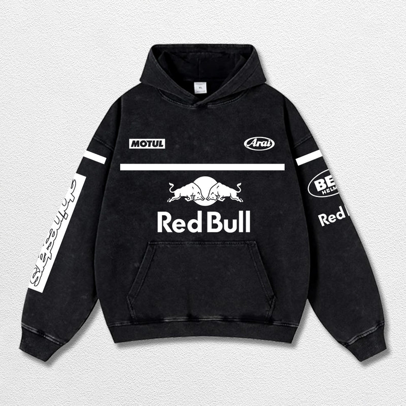 Retro Alpinestars Red Bull White Racing Washed Hoodie MotoGP World Champion Enthusiast Apparel Streetwear Racing Team Super Motorsports Clothing Riders Motocross Off-Road Dirt Bike Fan Gear Cotton For Moto Fan