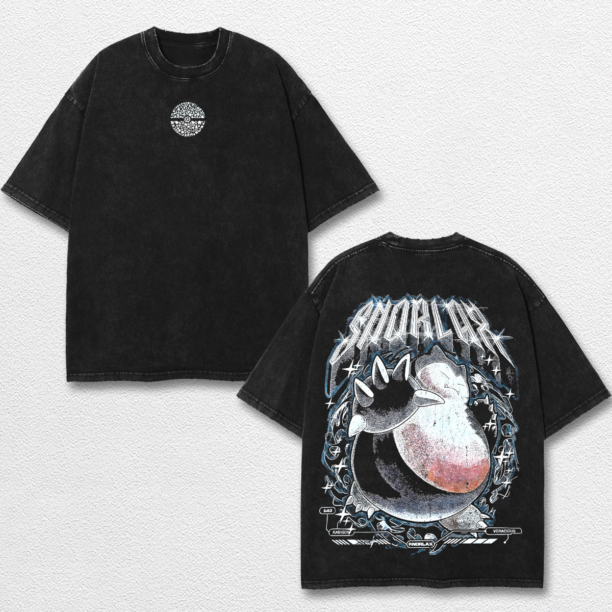 Retro Snorlax - Pokemon Oversize Lightweight Acid Washed Hoodie Sweatshirt Tee, Anime Graphic Design Unisex Top Cotton Streetwear Shirt Clothes