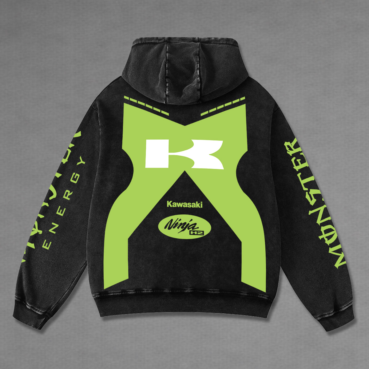 Kawasaki Ninja H2 Biker Hoodie Washed Vintage MotoGP Racing Streetwear, Motorcycle Graphic Hoodie Unisex, Designed for Motor Fans, Sportbike Culture, Speed Lovers & Urban Motorbike Style