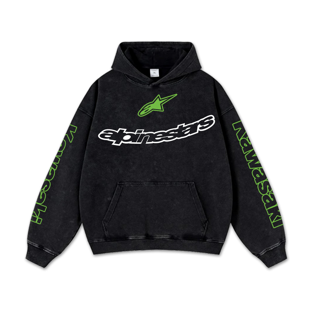 Retro Green Alpinestars Kawasaki Racing Washed Hoodie MotoGP World Champion Enthusiast Apparel Streetwear Akrapovic Arai Helmet Bell Helmet Racing Team Super Motorsports Clothing Riders Motocross Off-Road Dirt Bike Fan Gear Cotton For Moto Fan