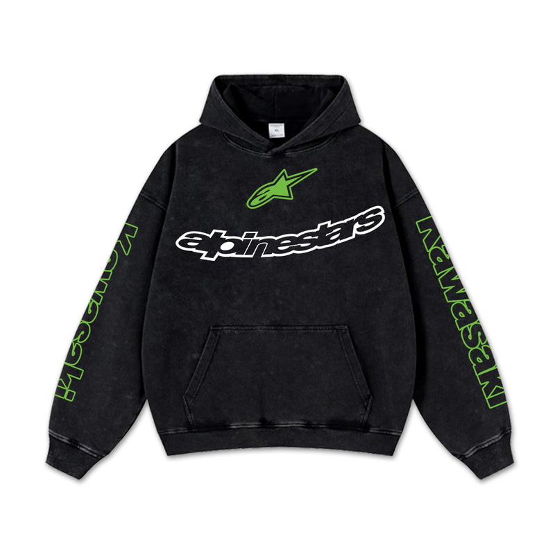 Retro Green Alpinestars Kawasaki Racing Washed Hoodie MotoGP World Champion Enthusiast Apparel Streetwear Akrapovic Arai Helmet Bell Helmet Racing Team Super Motorsports Clothing Riders Motocross Off-Road Dirt Bike Fan Gear Cotton For Moto Fan