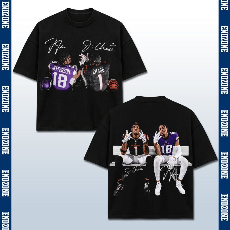 Justin Jefferson #18 & Ja'Marr Chase #1, Minnesota Vikings & Cincinnati Bengals Duo Bench Celebration Vintage Graphic Hoodie Sweatshirt T-Shirt, NFL Football Season Apparel, JJ18 Jetsetta & JC1 Ja'Marr Legend Retro Streetwear Tee, Football Fan Gift