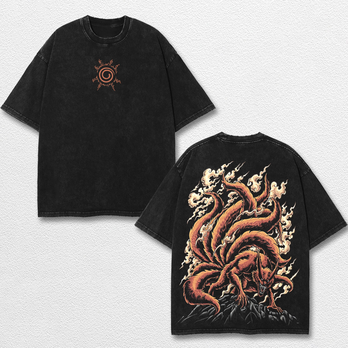 Retro Kurama Nine Tailed Fox - Naruto Oversize Lightweight Acid Washed Hoodie Sweatshirt Tee, Anime Graphic Design Unisex Top Cotton Streetwear Shirt Clothes