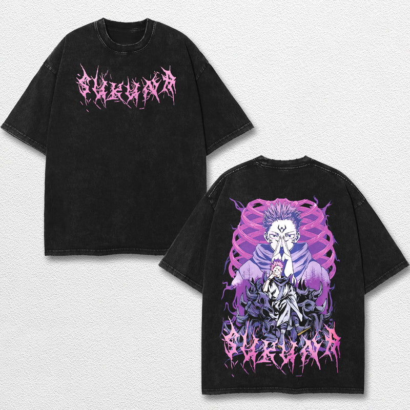 Retro Sukuna Dark Ritua - Jujutsu Kaisen Oversize Lightweight Acid Washed Hoodie Sweatshirt Tee, Anime Graphic Design Unisex Top Cotton Streetwear Shirt Clothes