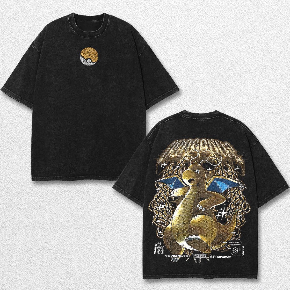 Retro Dragonite - Pokemon Oversize Lightweight Acid Washed Hoodie Sweatshirt Tee, Anime Graphic Design Unisex Top Cotton Streetwear Shirt Clothes