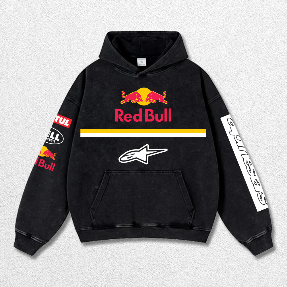 Retro Alpinestars Red Bull 01 Bell Helmets Racing Washed Hoodie MotoGP World Champion Enthusiast Apparel Streetwear Racing Team Super Motorsports Clothing Riders Motocross Off-Road Dirt Bike Fan Gear Cotton For Moto Fan