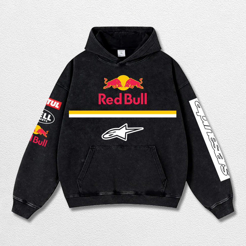 Retro Alpinestars Red Bull 01 Bell Helmets Racing Washed Hoodie MotoGP World Champion Enthusiast Apparel Streetwear Racing Team Super Motorsports Clothing Riders Motocross Off-Road Dirt Bike Fan Gear Cotton For Moto Fan