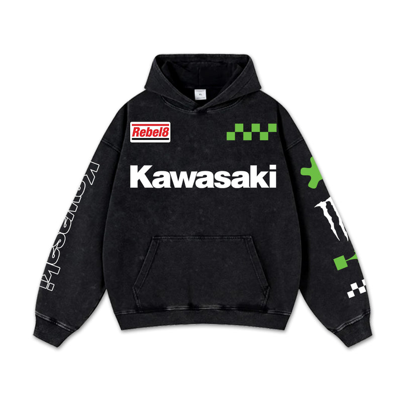 Retro Green Kawasaki Ninja Racing Washed Hoodie MotoGP World Champion Enthusiast Apparel Streetwear Racing Team Super Motorsports Clothing Riders Motocross Off-Road Dirt Bike Fan Gear Cotton For Moto Fan