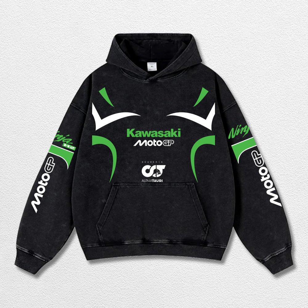 Retro Thunder Alphatauri Kawasaki Ninja H2 Racing Washed Hoodie MotoGP World Champion Enthusiast Apparel Streetwear Racing Team Super Motorsports Clothing Riders Motocross Off-Road Dirt Bike Fan Gear Cotton For Moto Fan