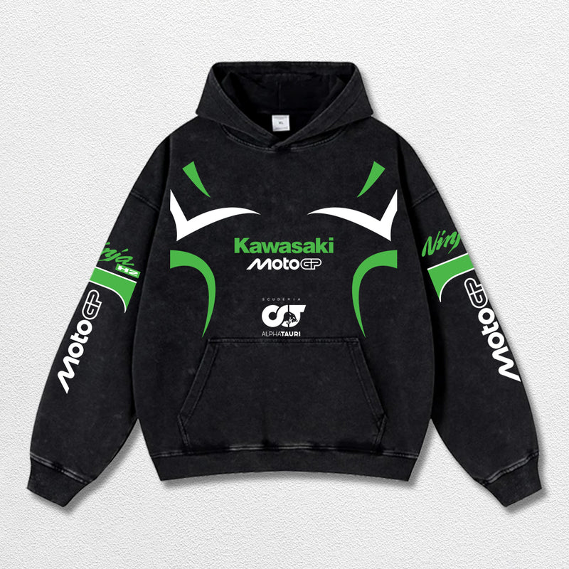 Retro Thunder Alphatauri Kawasaki Ninja H2 Racing Washed Hoodie MotoGP World Champion Enthusiast Apparel Streetwear Racing Team Super Motorsports Clothing Riders Motocross Off-Road Dirt Bike Fan Gear Cotton For Moto Fan