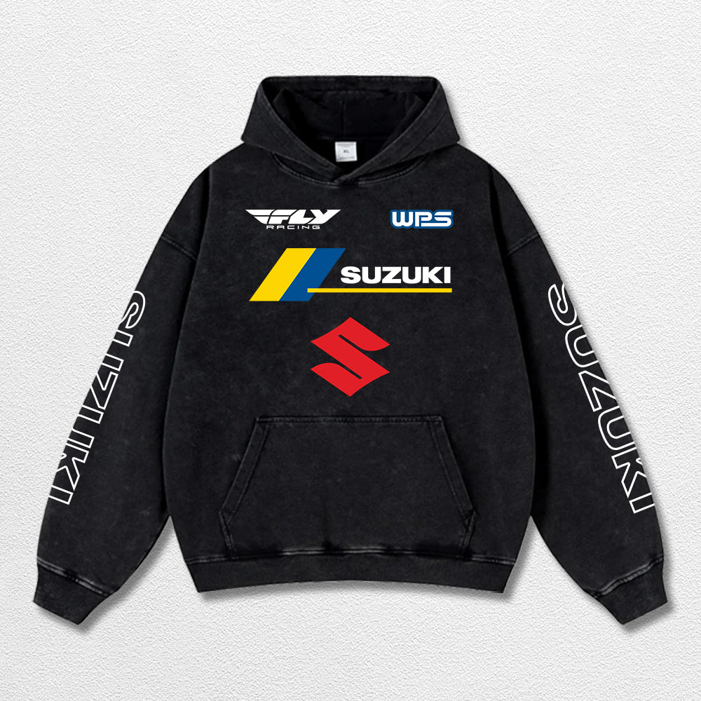 Retro Fly Suzuki Racing Washed Hoodie MotoGP World Champion Enthusiast Apparel Streetwear Racing Team Super Motorsports Clothing Riders Motocross Off-Road Dirt Bike Fan Gear Cotton For Moto Fan