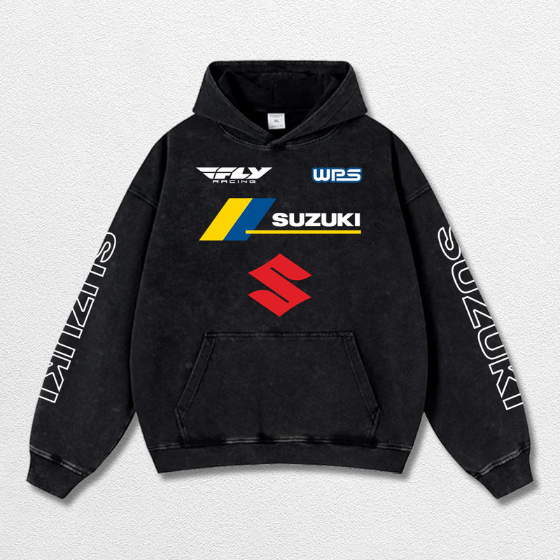 Retro Fly Suzuki Racing Washed Hoodie MotoGP World Champion Enthusiast Apparel Streetwear Racing Team Super Motorsports Clothing Riders Motocross Off-Road Dirt Bike Fan Gear Cotton For Moto Fan