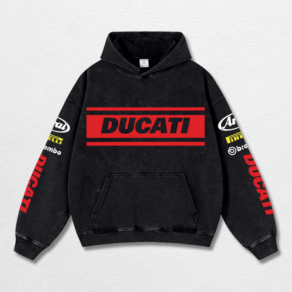Retro Brembo Ducati Racing Washed Hoodie MotoGP World Champion Enthusiast Apparel Streetwear Racing Team Super Motorsports Clothing Riders Motocross Off-Road Dirt Bike Fan Gear Cotton For Moto Fan