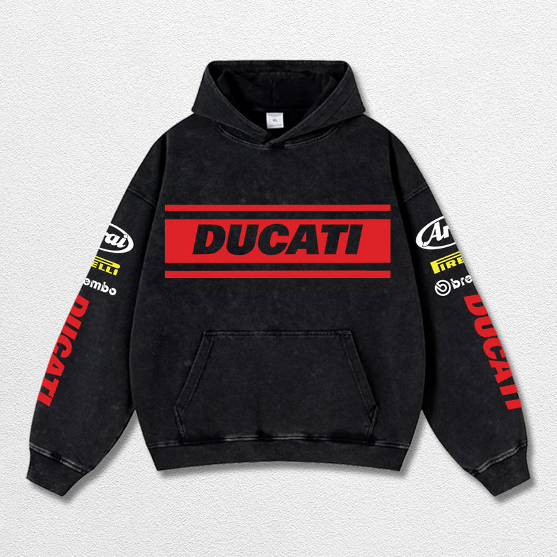 Retro Brembo Ducati Racing Washed Hoodie MotoGP World Champion Enthusiast Apparel Streetwear Racing Team Super Motorsports Clothing Riders Motocross Off-Road Dirt Bike Fan Gear Cotton For Moto Fan
