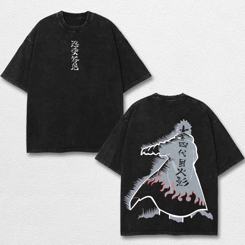 Retro Minato Namikaze Hokage - Naruto Oversize Lightweight Acid Washed Hoodie Sweatshirt Tee, Anime Graphic Design Unisex Top Cotton Streetwear Shirt Clothes