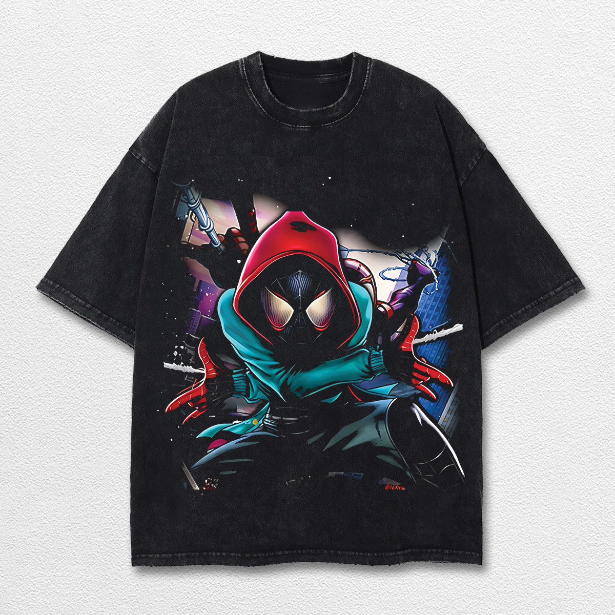 Miles Morales Spider-Verse Hero Comic Double Printed Oversize Lightweight Acid Washed Tee, Character Marrvel Comics TV Series Graphic Design Unisex Top Cotton Streetwear T-Shirt Clothes Menswear