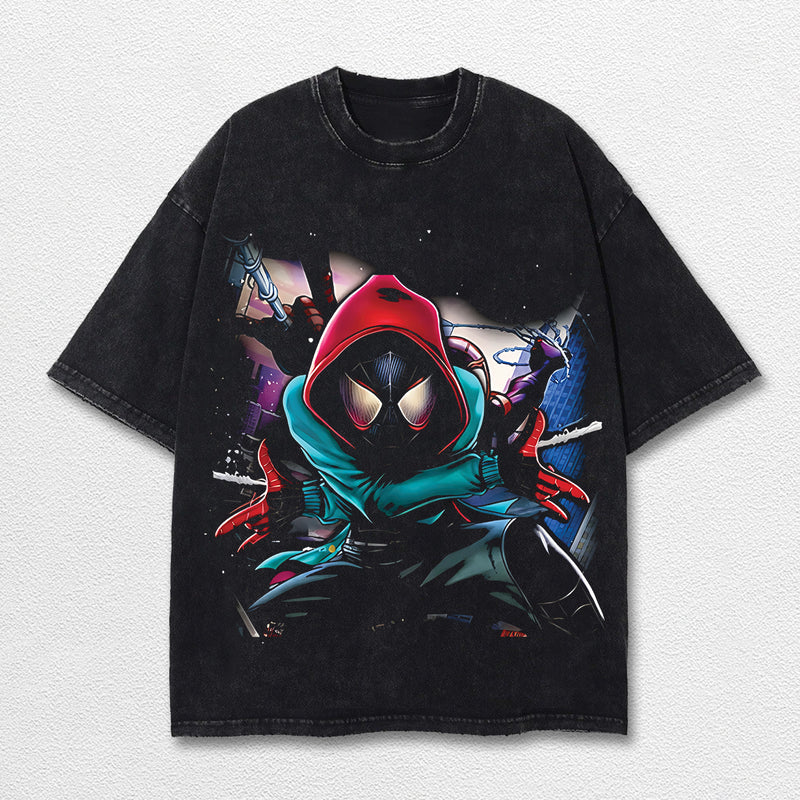 Miles Morales Spider-Verse Hero Comic Double Printed Oversize Lightweight Acid Washed Tee, Character Marrvel Comics TV Series Graphic Design Unisex Top Cotton Streetwear T-Shirt Clothes Menswear