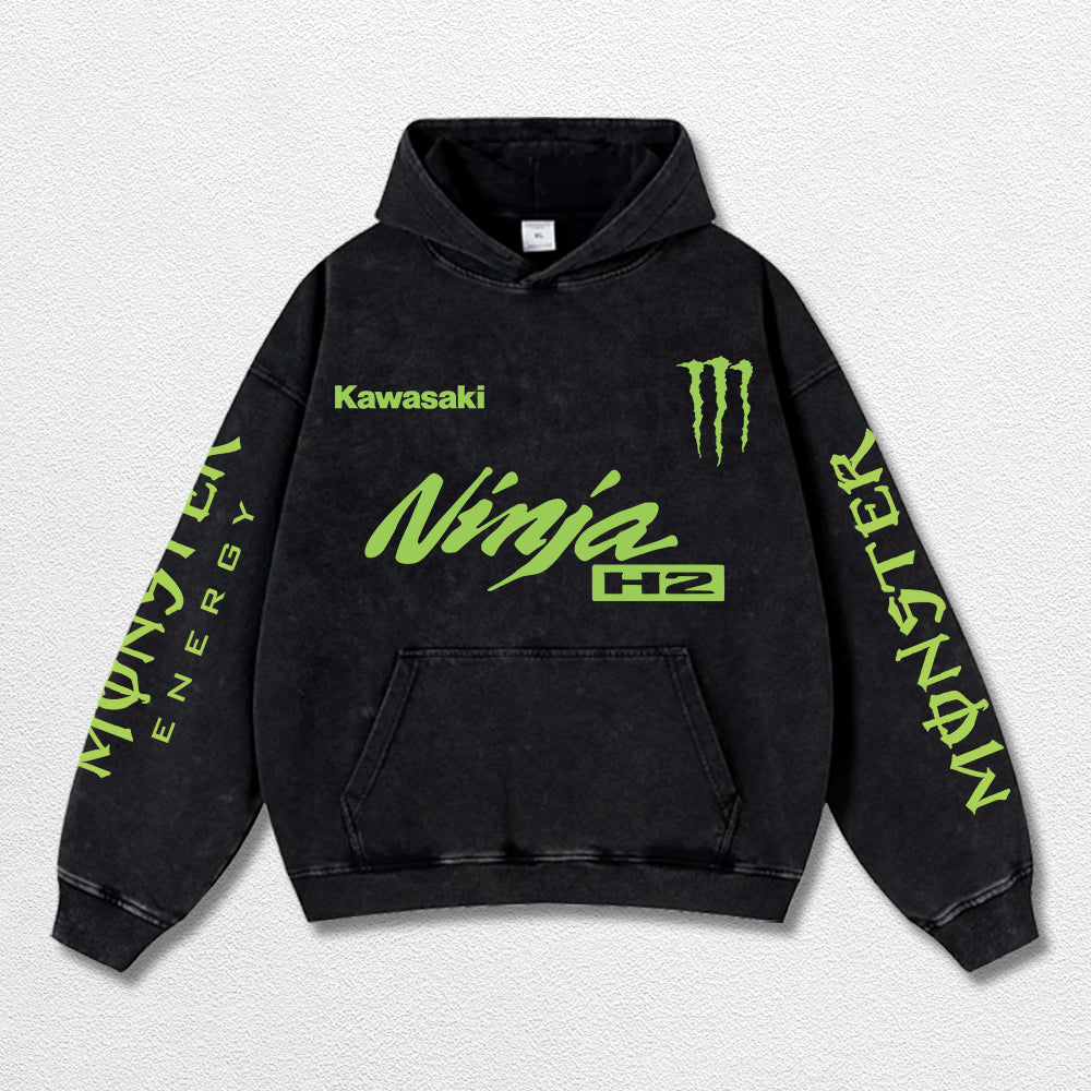 Retro Monster Energy Kawasaki H2 Racing Washed Hoodie MotoGP World Champion Enthusiast Apparel Streetwear Racing Team Super Motorsports Clothing Riders Motocross Off-Road Dirt Bike Fan Gear Cotton For Moto Fan