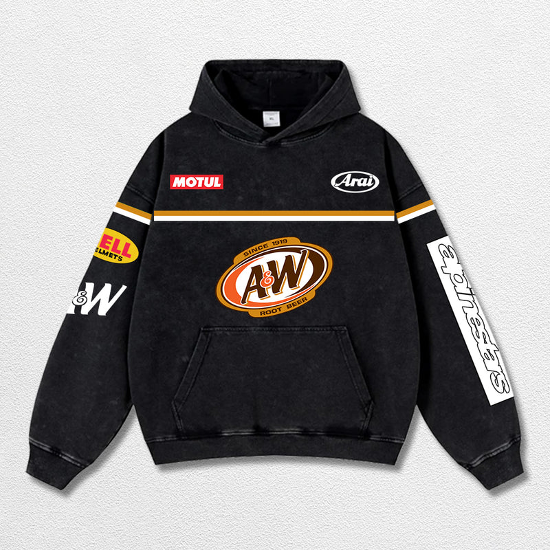 Retro Alpinestars A&W Root Beer Racing Washed Hoodie MotoGP World Champion Enthusiast Apparel Streetwear Racing Team Super Motorsports Clothing Riders Motocross Off-Road Dirt Bike Fan Gear Cotton For Moto Fan