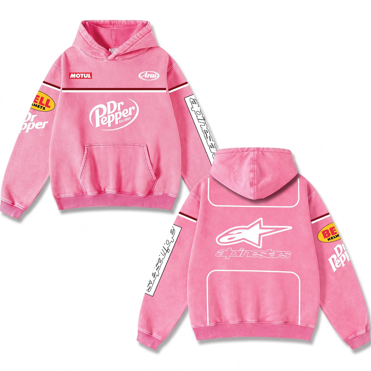 Retro Dr Pepper Alpinestars Racing Hoodie Pink Acid Washed, Motul Arai Bell Helmets Superbike Enthusiast, Motorsport Biker Graphic Streetwear, Heavyweight Sweatshirt, Retro Moto Gear Apparel Men’s Women’s Grunge Y2K Racing Jacket Style Oversized Clothes