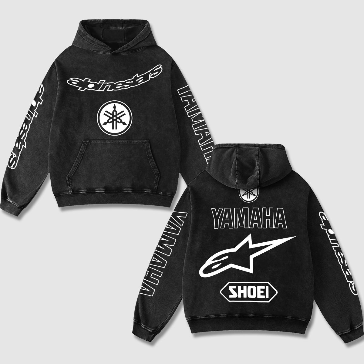 Retro Yamaha Alpinestars Racing Hoodie Black Acid Washed, Japanese Tuning Fork Shoei Superbike Enthusiast, Motorsport Biker Graphic Streetwear, Heavyweight Sweatshirt, Retro Moto Gear Apparel Men’s Grunge Y2K Racing Jacket Style Oversized Clothes