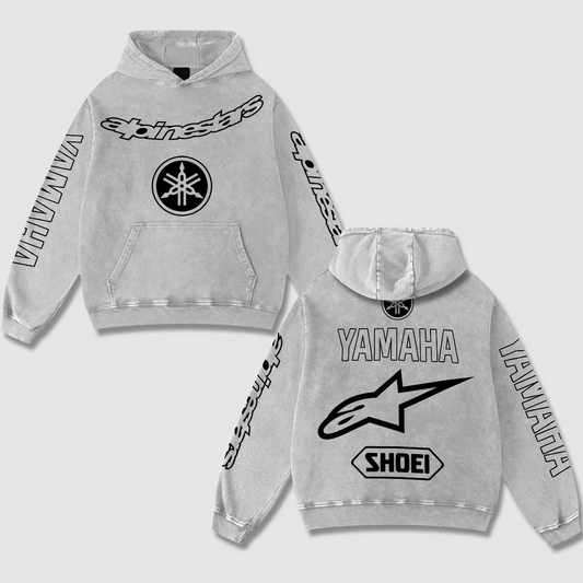 Retro Yamaha Alpinestars Racing Hoodie Black Acid Washed, Japanese Tuning Fork Shoei Superbike Enthusiast, Motorsport Biker Graphic Streetwear, Heavyweight Sweatshirt, Retro Moto Gear Apparel Men’s Grunge Y2K Racing Jacket Style Oversized Clothes