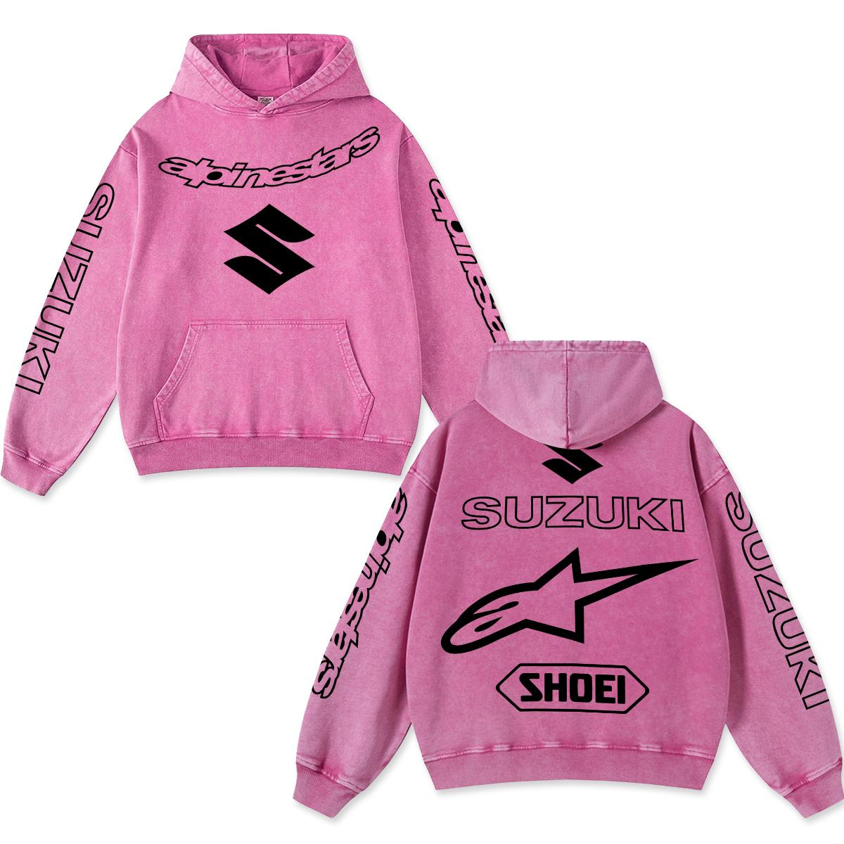 Retro Suzuki Alpinestars Racing Hoodie Black Acid Washed, Japanese Superbike S Logo Shoei Helmets Enthusiast, Motorsport Biker Graphic Streetwear, Heavyweight Sweatshirt, Retro Moto Gear Apparel Men’s Grunge Y2K Racing Jacket Style Oversized Clothes