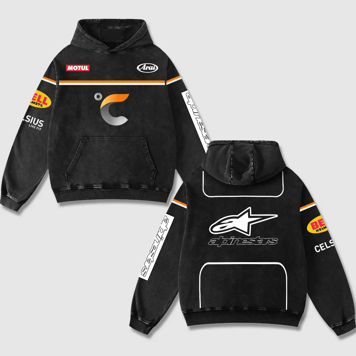 Celsius Live Fit x Alpinestars Biker Hoodie Washed Vintage MotoGP Racing Streetwear, Motorcycle Graphic Hoodie Unisex, Designed for Motor Fans, Sportbike Culture, Speed Lovers & Urban Motorbike Style