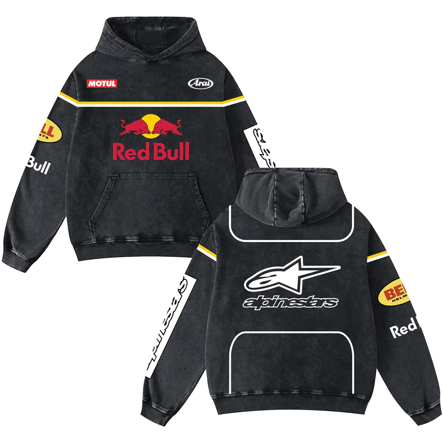Retro Redbull Alpinestars Racing Washed Hoodie MotoGP World Champion Enthusiast Apparel Streetwear Racing Team Super Motorsports Clothing Riders Motocross Off-Road Dirt Bike Fan Gear Cotton For Moto Fan