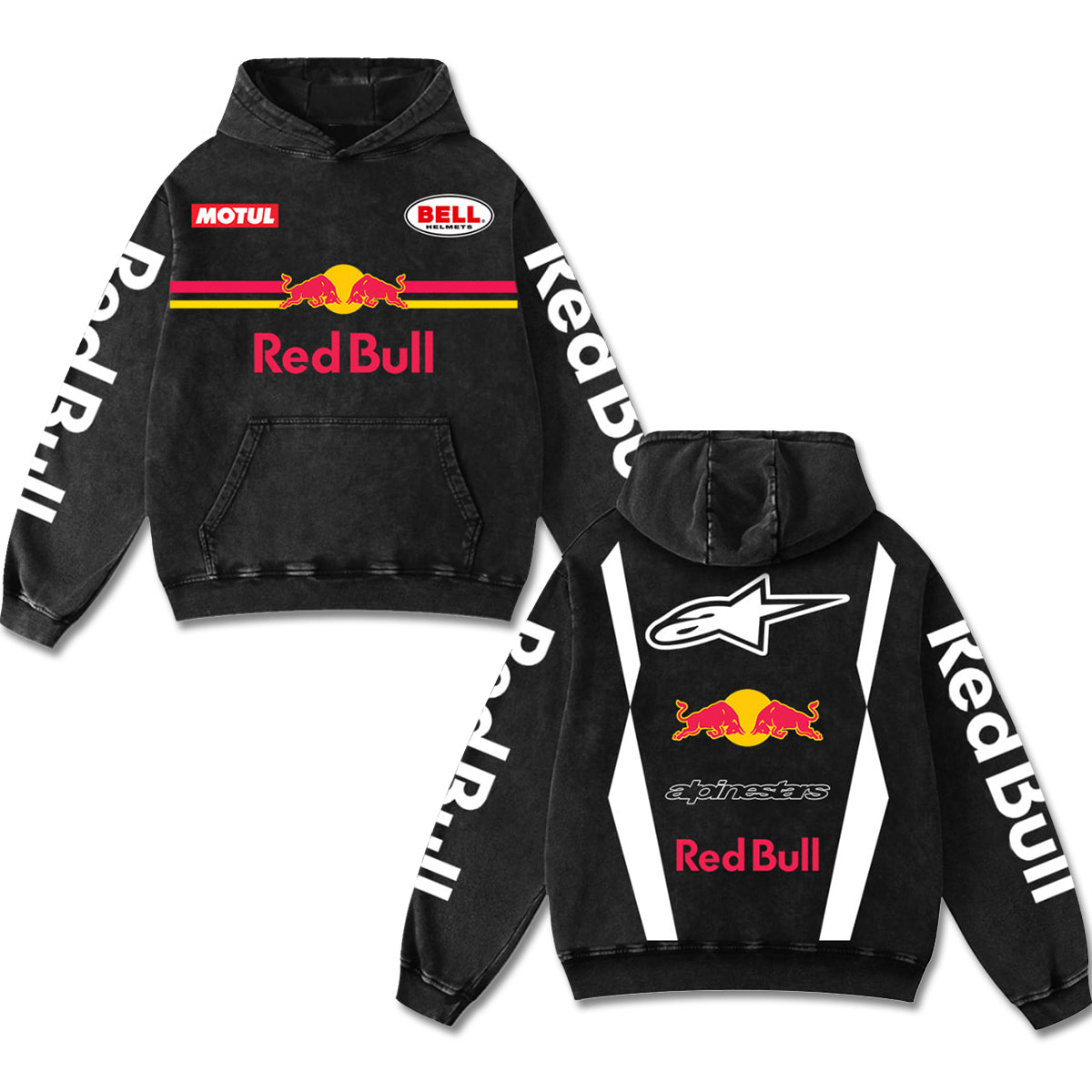 Retro Red Bull x Alpinestars Racing Hoodie Black Acid Washed, Motul Bell Helmets F1 MotoGP Enthusiast, Motorsport Biker Graphic Streetwear, Heavyweight Sweatshirt, Retro Moto Gear Apparel Men’s Grunge Y2K Racing Jacket Style Oversized Vintage Clothes
