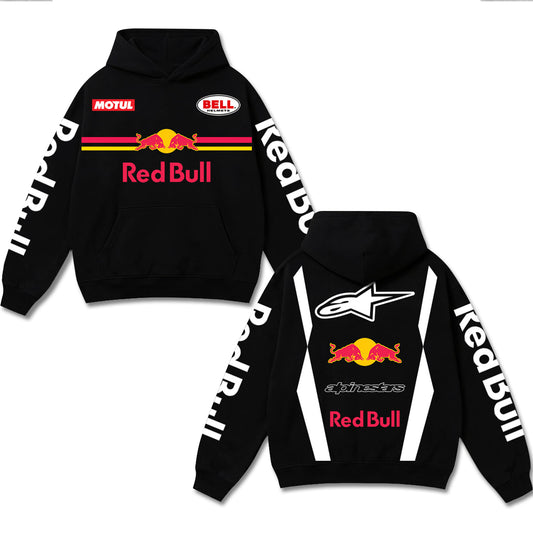 Retro Red Bull x Alpinestars Racing Hoodie Black Acid Washed, Motul Bell Helmets F1 MotoGP Enthusiast, Motorsport Biker Graphic Streetwear, Heavyweight Sweatshirt, Retro Moto Gear Apparel Men’s Grunge Y2K Racing Jacket Style Oversized Vintage Clothes