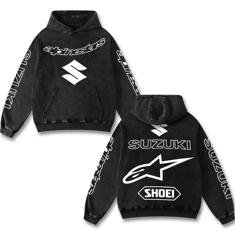 Retro Suzuki Alpinestars Racing Hoodie Black Acid Washed, Japanese Superbike S Logo Shoei Helmets Enthusiast, Motorsport Biker Graphic Streetwear, Heavyweight Sweatshirt, Retro Moto Gear Apparel Men’s Grunge Y2K Racing Jacket Style Oversized Clothes