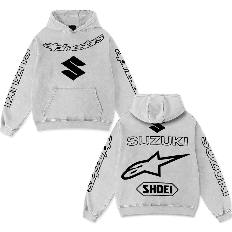 Retro Suzuki Alpinestars Racing Hoodie Black Acid Washed, Japanese Superbike S Logo Shoei Helmets Enthusiast, Motorsport Biker Graphic Streetwear, Heavyweight Sweatshirt, Retro Moto Gear Apparel Men’s Grunge Y2K Racing Jacket Style Oversized Clothes
